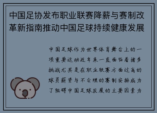 中国足协发布职业联赛降薪与赛制改革新指南推动中国足球持续健康发展 中国足协发布职业联赛降薪与赛制改革新指南推动中国足球持续健康发展
